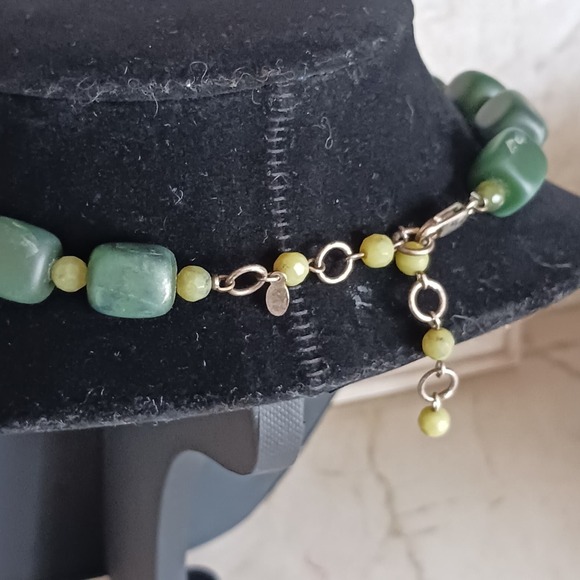VNT RARE JADE Square Bead Necklace 925 Silver Dark Green + Light Green Beveled - Picture 10 of 14